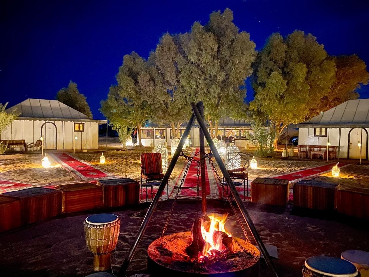 Campfire and drums at a desert camp in Merzouga