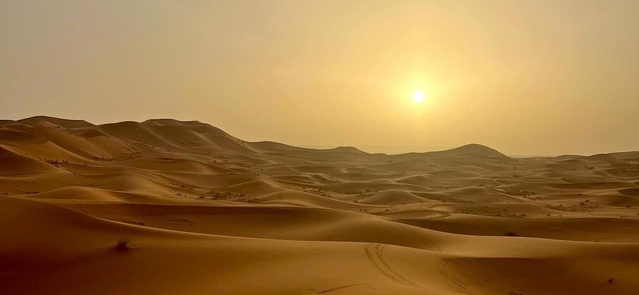 Sunset over the Erg Chebbi dunes near Merzouga, with long shadows across the sand