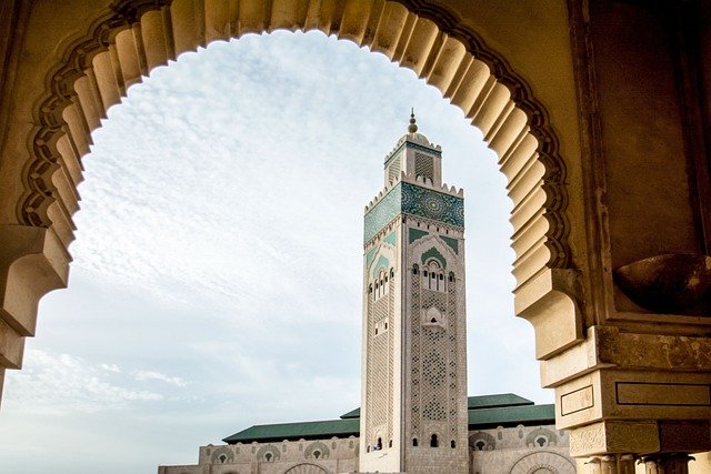 Hassan II Mosque in Casablanca Morocco with its 210-meter minaret overlooking the Atlantic Ocean