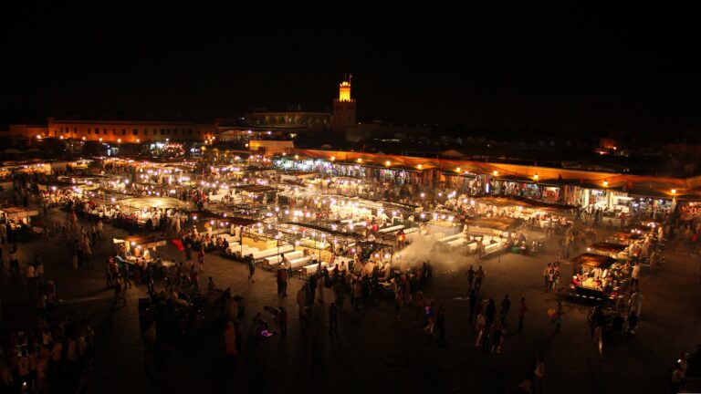 Is Marrakech Safe at Night? Jemaa el-Fnaa Square at night in Marrakech with lights and crowds